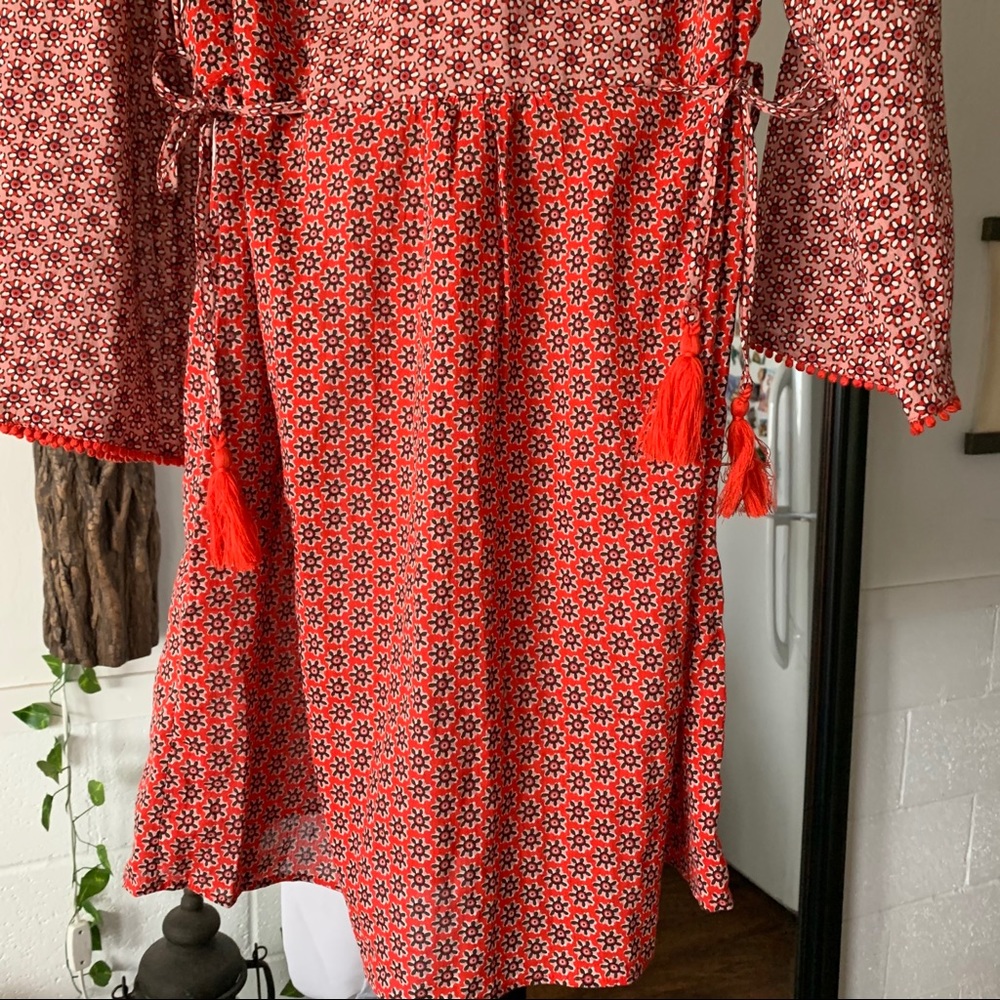 Boden Red Floral Print Tunic Dress Tassel Pom Pom - Picture 9 of 13